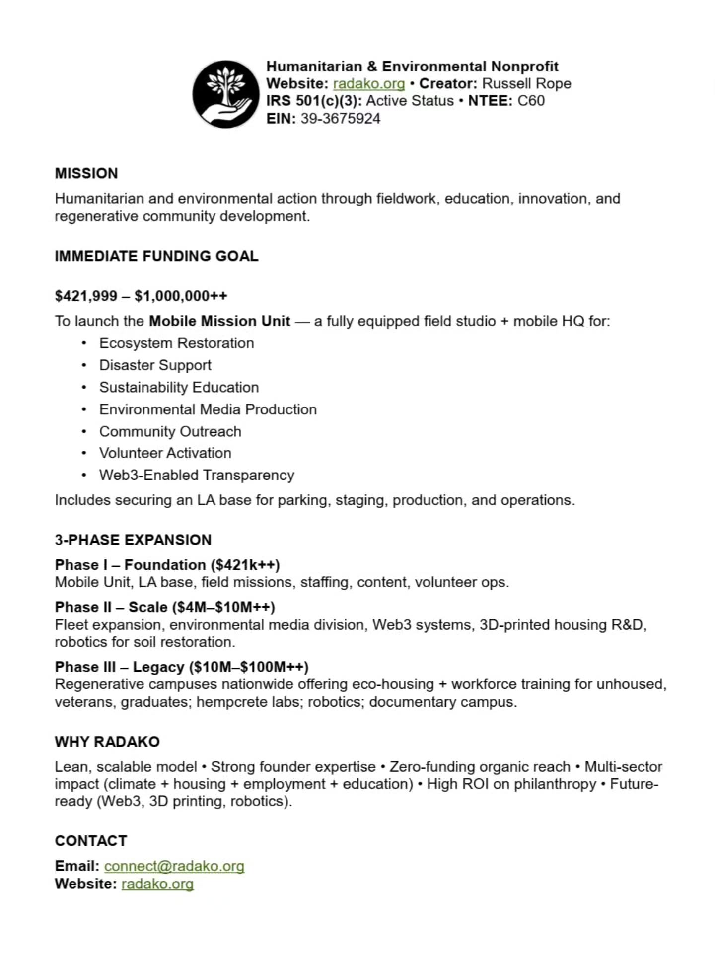 Donate to Humanitarian & Evvironmental #Causes @ #RADAKO Official IRS 501(c)(3) Tax Exempt (deductible) Organization Approval @RADAKO.npo @ https://radako.org 💸📄🌐🌳